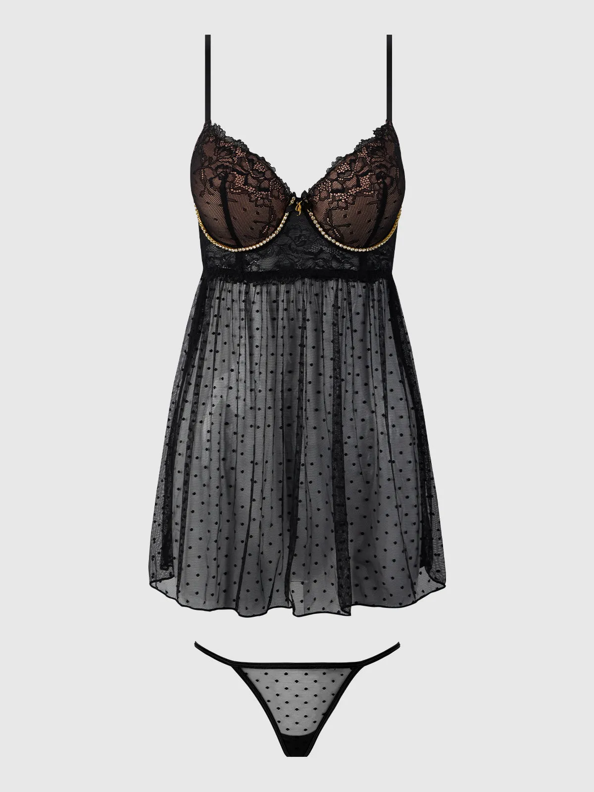 Elizabeth Lace & Rhinestone Push Up Babydoll & G-String