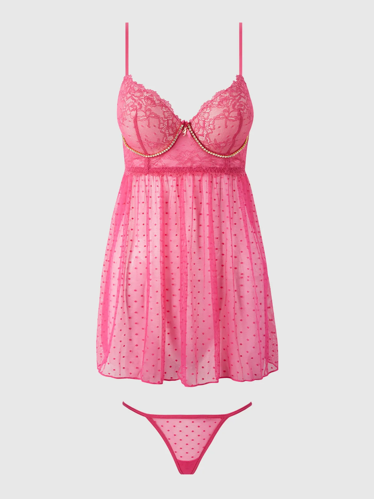 Elizabeth Lace & Rhinestone Push Up Babydoll & G-String