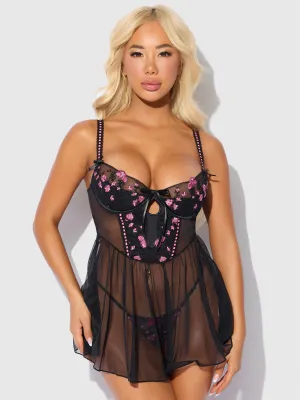 Harlow Embroidered Mesh & Elastic Longline Babydoll