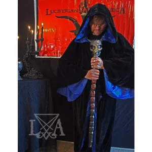 High Quality Black velvet with Blue Satin Lining.  Hooded Sorcerer Robe