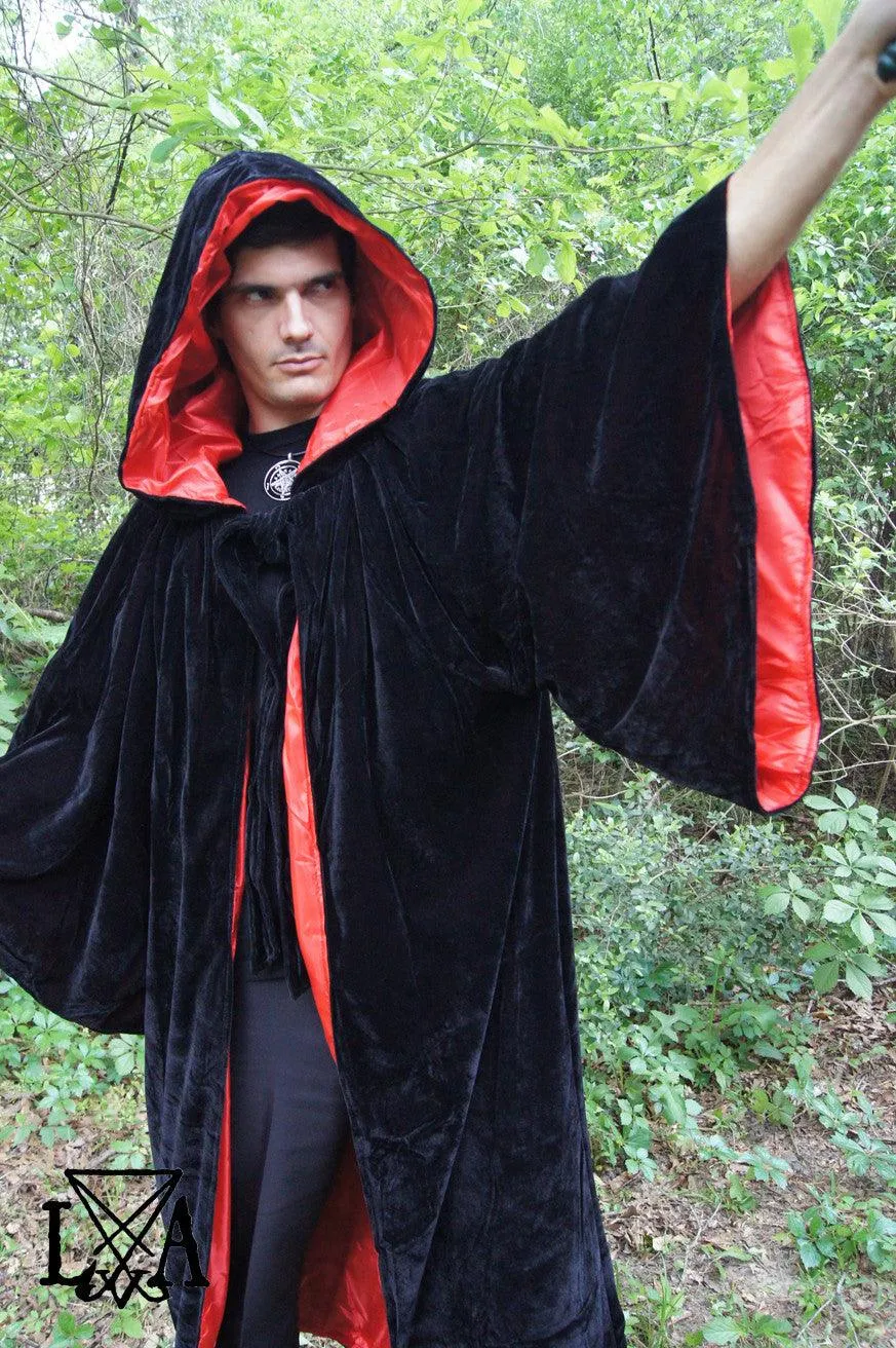 High Quality Black velvet with Red Satin Lining.  Hooded Sorcerer Robe