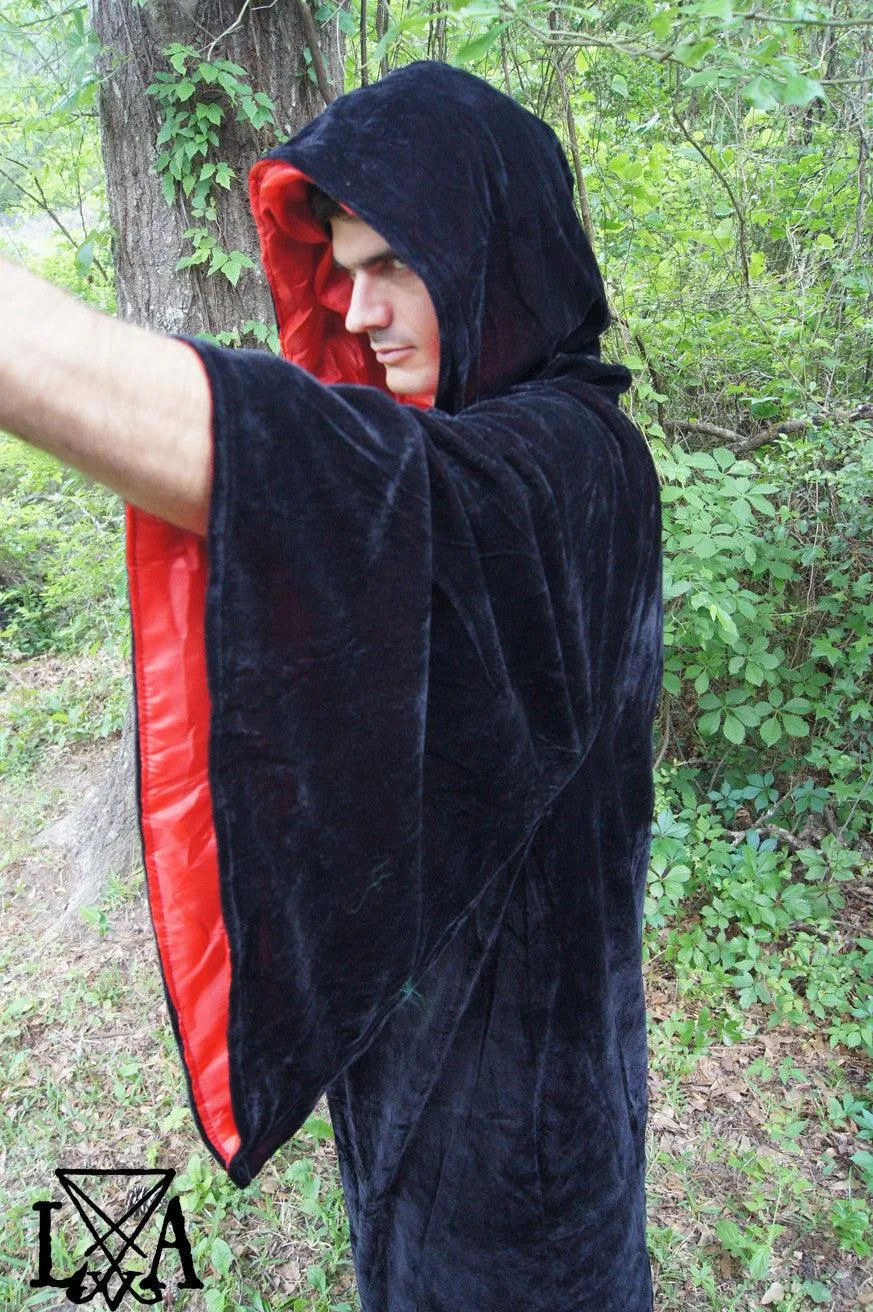 High Quality Black velvet with Red Satin Lining.  Hooded Sorcerer Robe