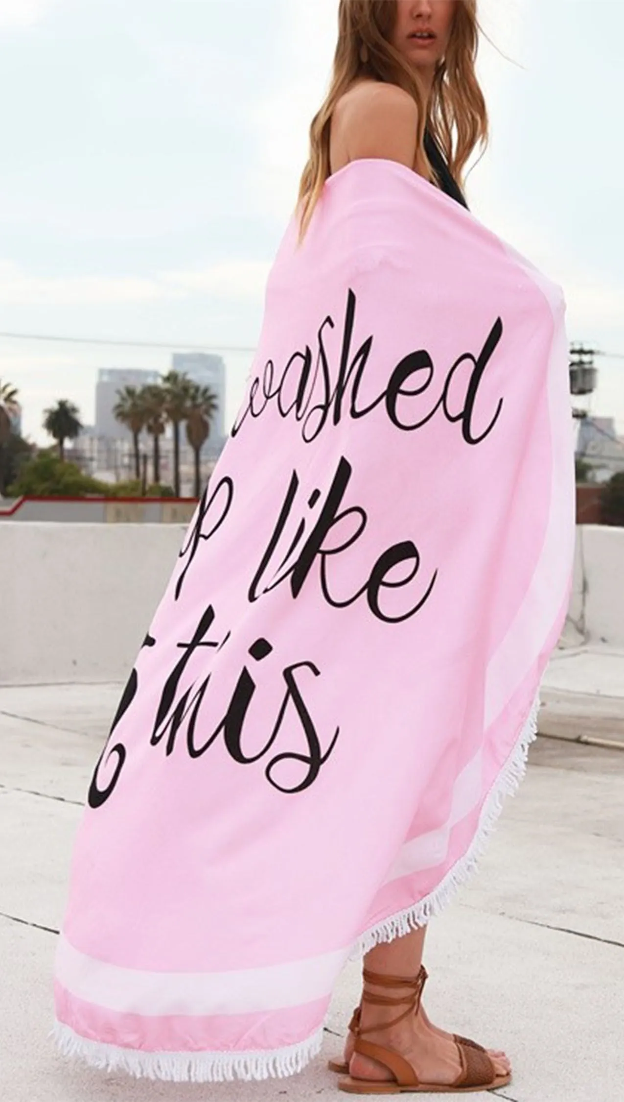 I Washed Up Like This Seahorse Round Fringe Beach Towel Pink