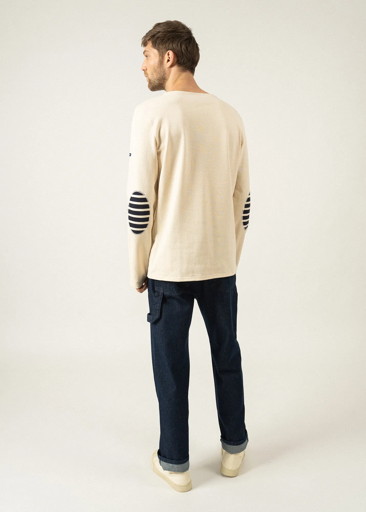 Marinire iconique unie  coudires rayes - en jersey de coton lourd (ECRU/NAVY/ECRU)