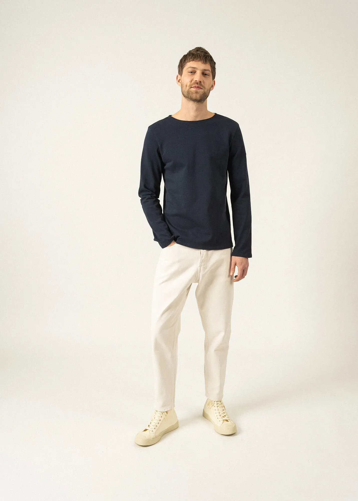 Marinire iconique unie  coudires rayes - en jersey de coton lourd (NAVY/ECRU/NAVY)
