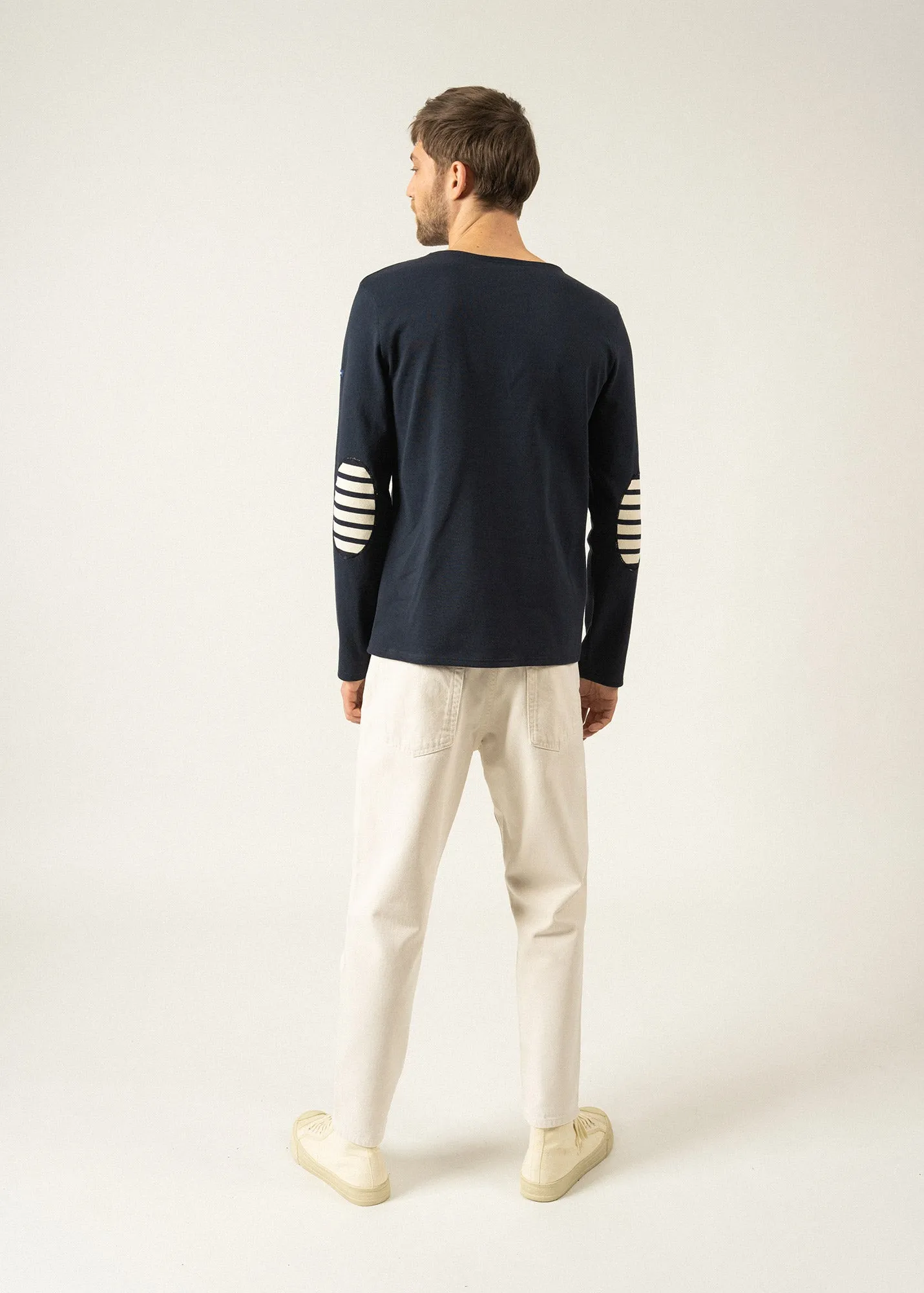 Marinire iconique unie  coudires rayes - en jersey de coton lourd (NAVY/ECRU/NAVY)