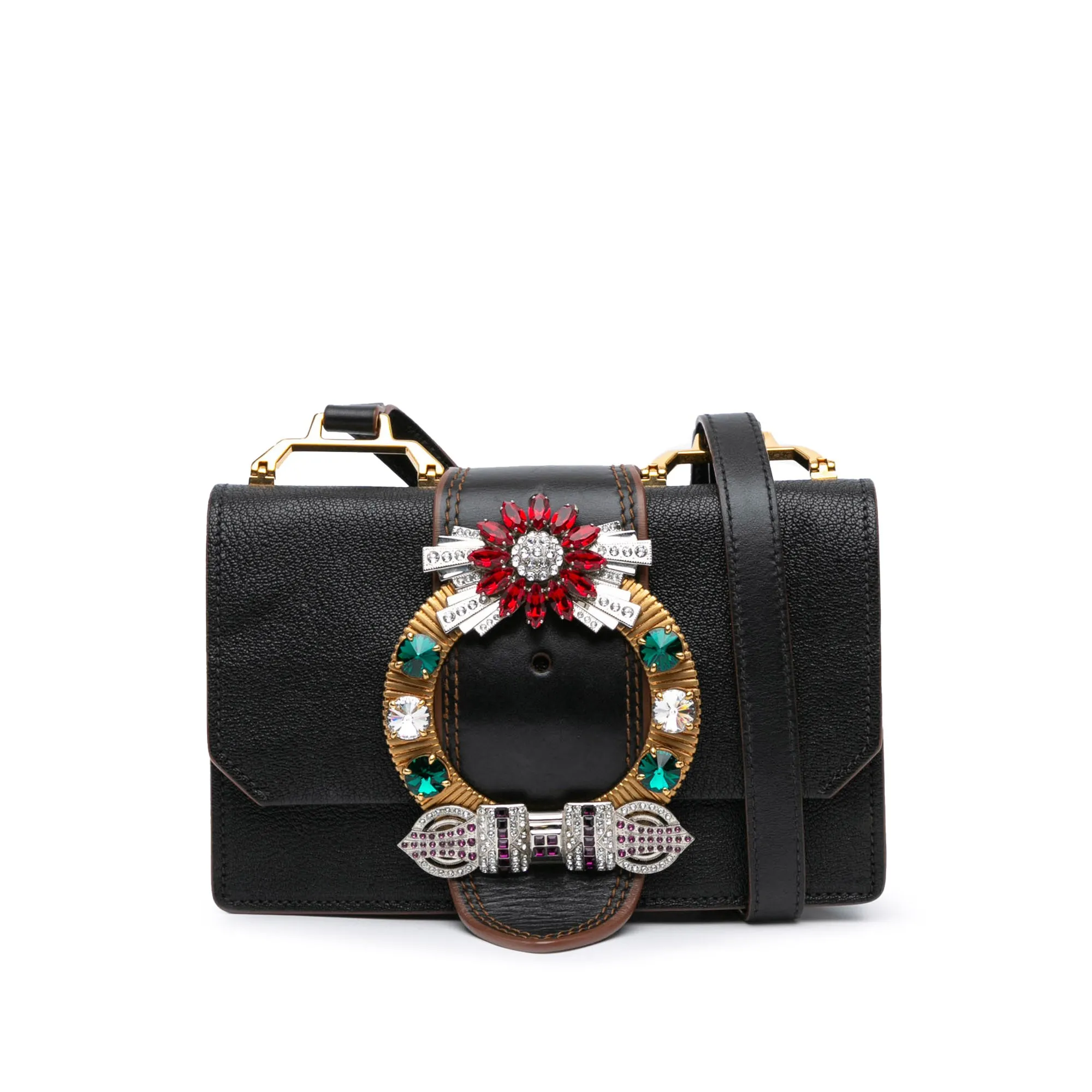 Miu Miu Goatskin Madras Soft Calf Crystal Embellished Crossbody Black