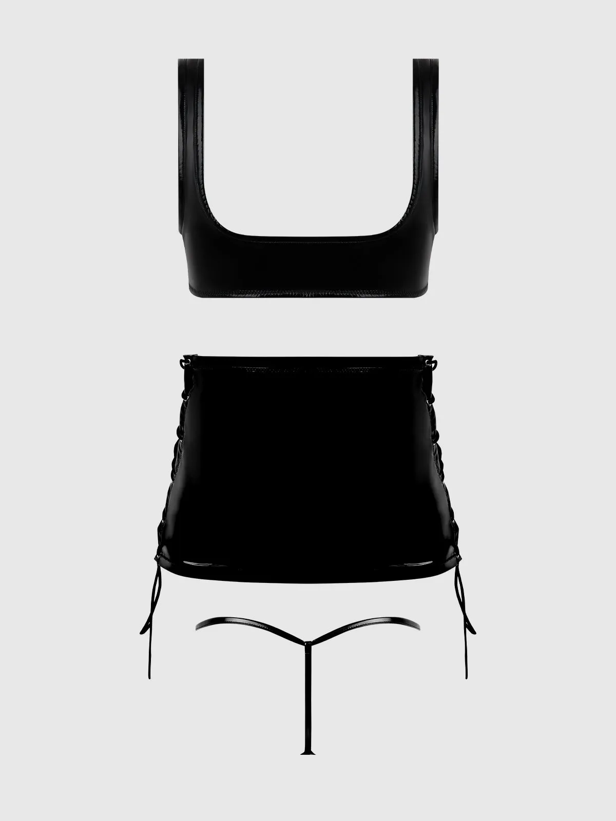 Phoenix Patent Grommet Bralette, Mini Skirt & G-String