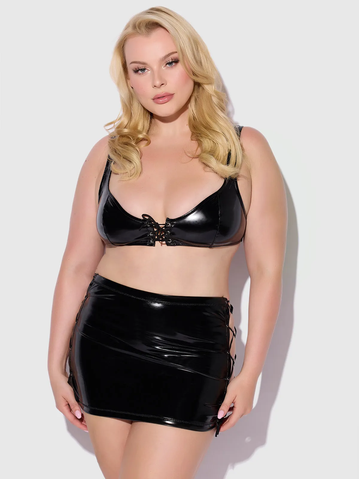 Phoenix Patent Grommet Bralette, Mini Skirt & G-String