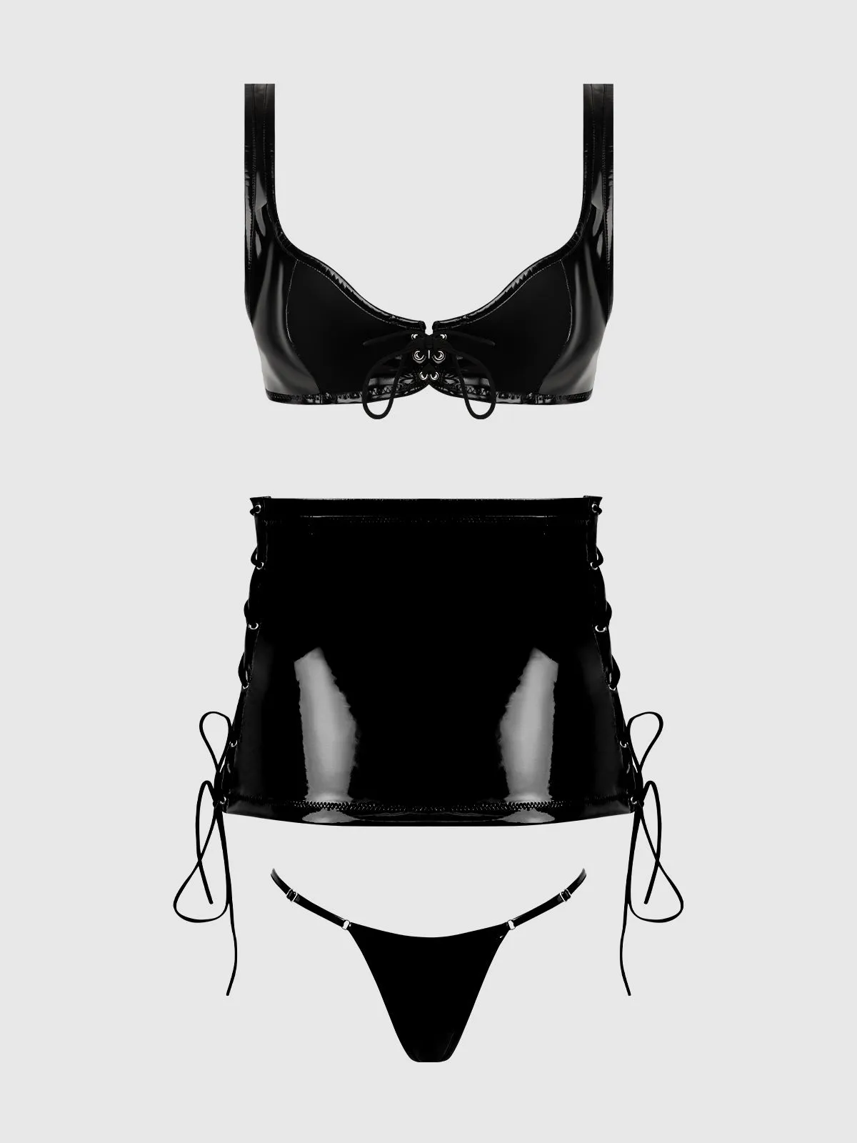 Phoenix Patent Grommet Bralette, Mini Skirt & G-String