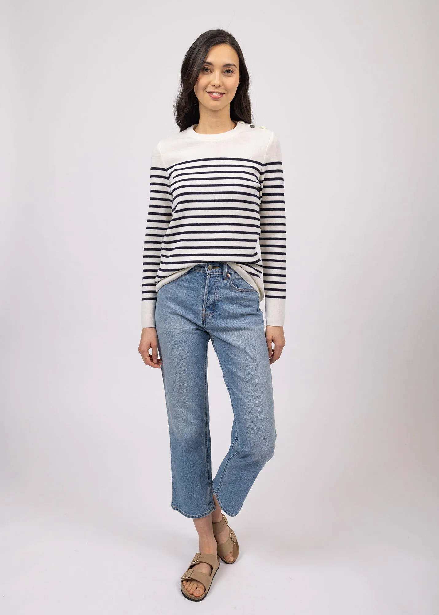 Pull marin ray Brganon -  coudires contrastes (BLANC/NAVY/NAVY)