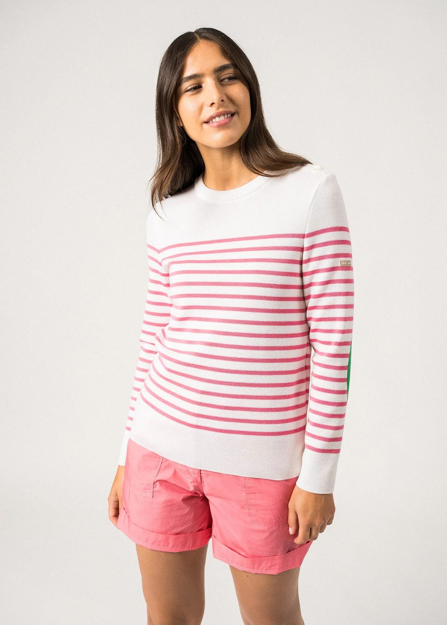 Pull marin ray Brganon -  coudires contrastes (BLANC/NEON/VERT)