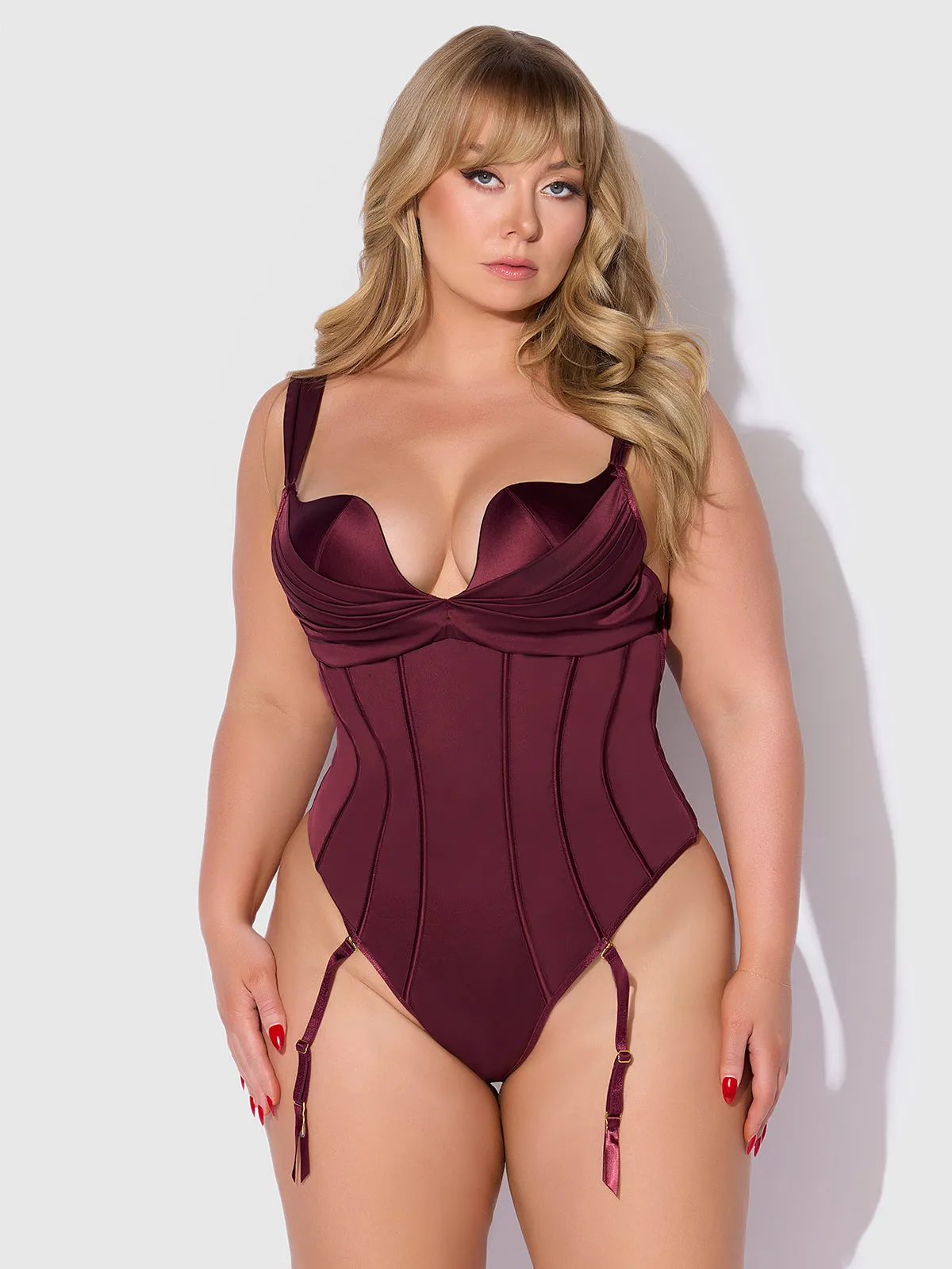 Rising Star Plunge Push Up Corseted Teddy in Petra Satin