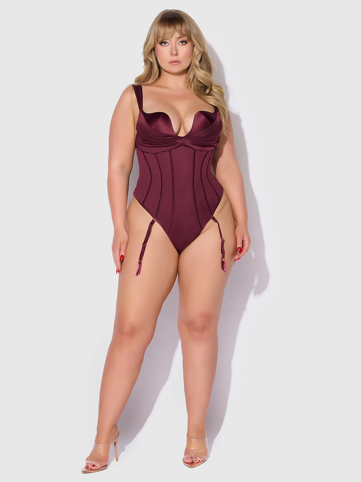 Rising Star Plunge Push Up Corseted Teddy in Petra Satin
