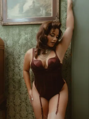 Rising Star Plunge Push Up Corseted Teddy in Petra Satin