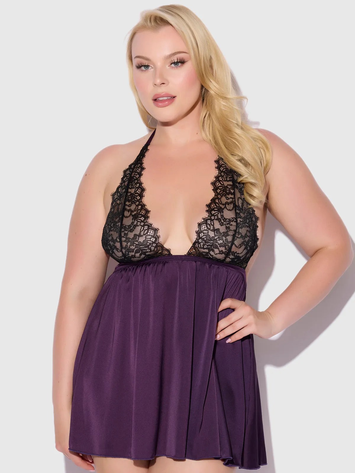 Rosalind Lace & Satin Halter Neck Drop Off Babydoll