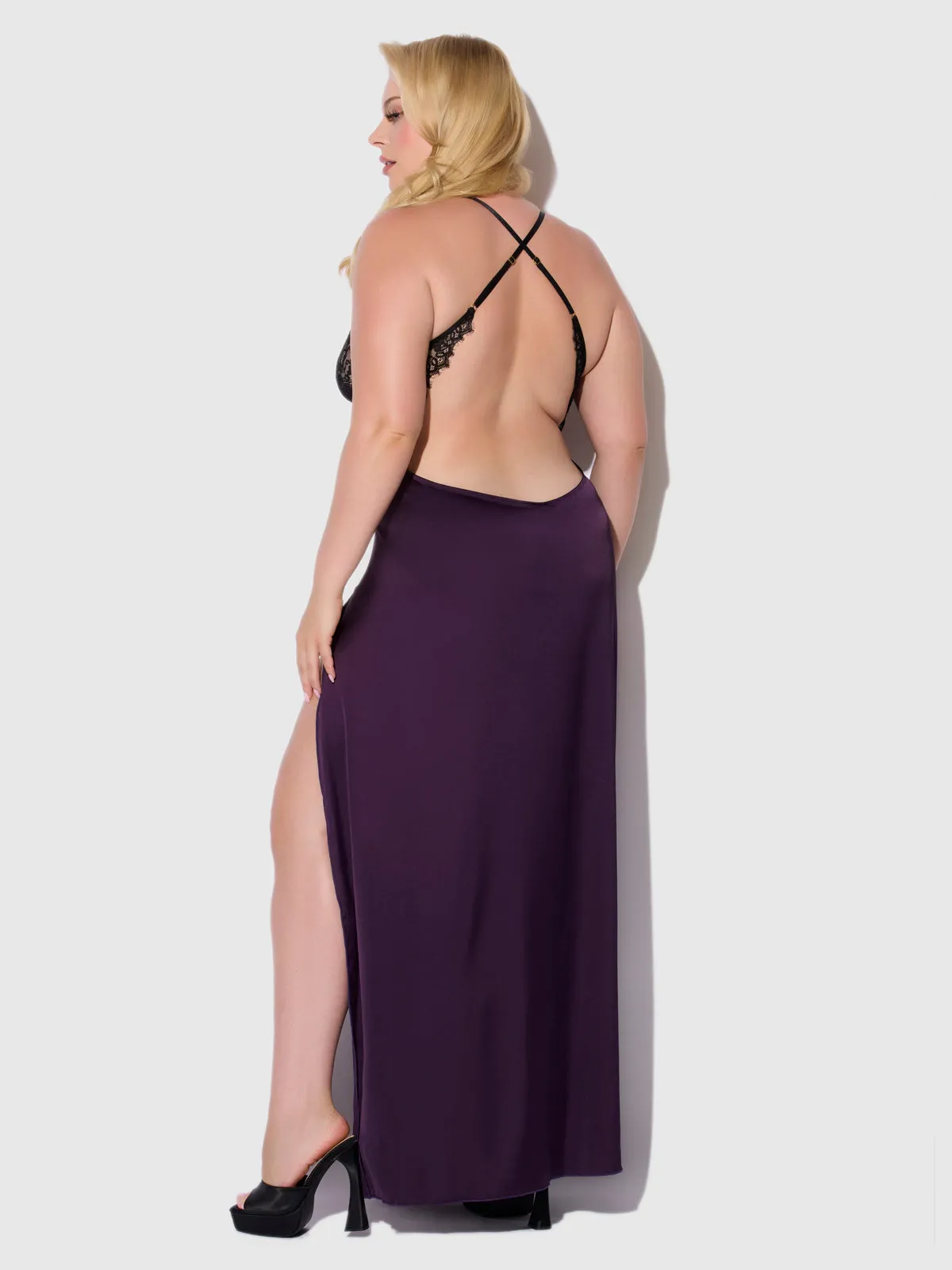 Rosalind Satin & Lace Long High Slit Gown
