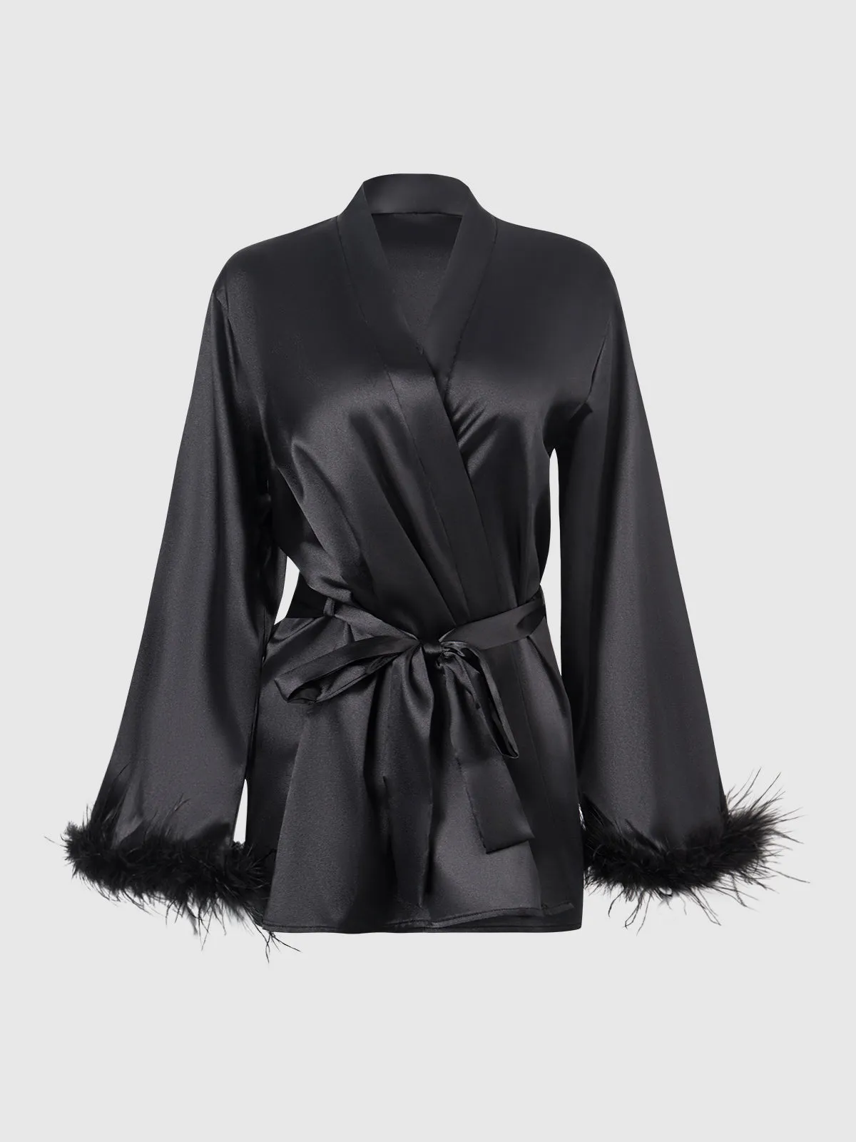 Scarlett Satin & Feather Trimmed Short Sleep Robe