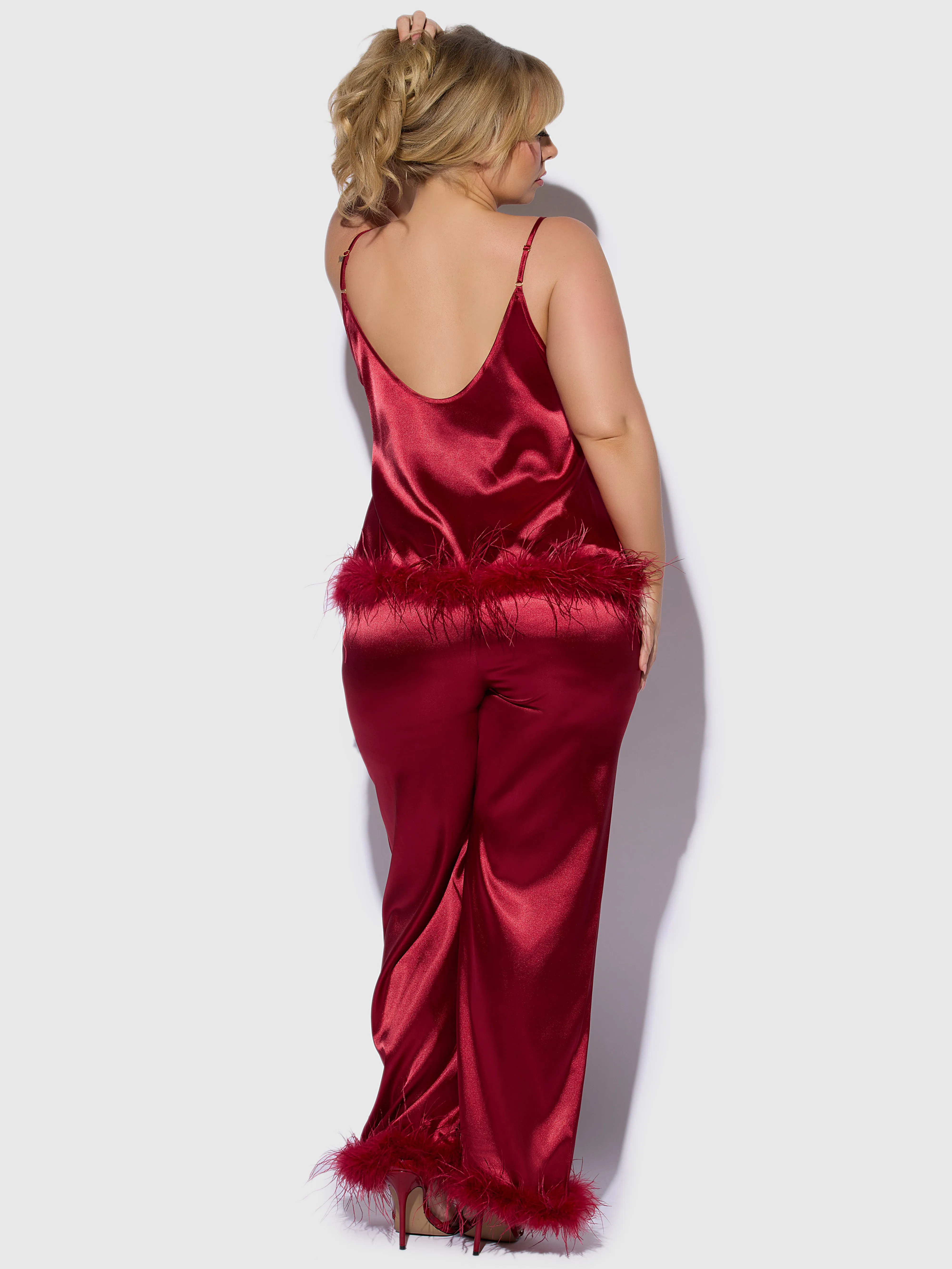 Scarlett Satin Sleep Cami & Long Pant With Feather Trim