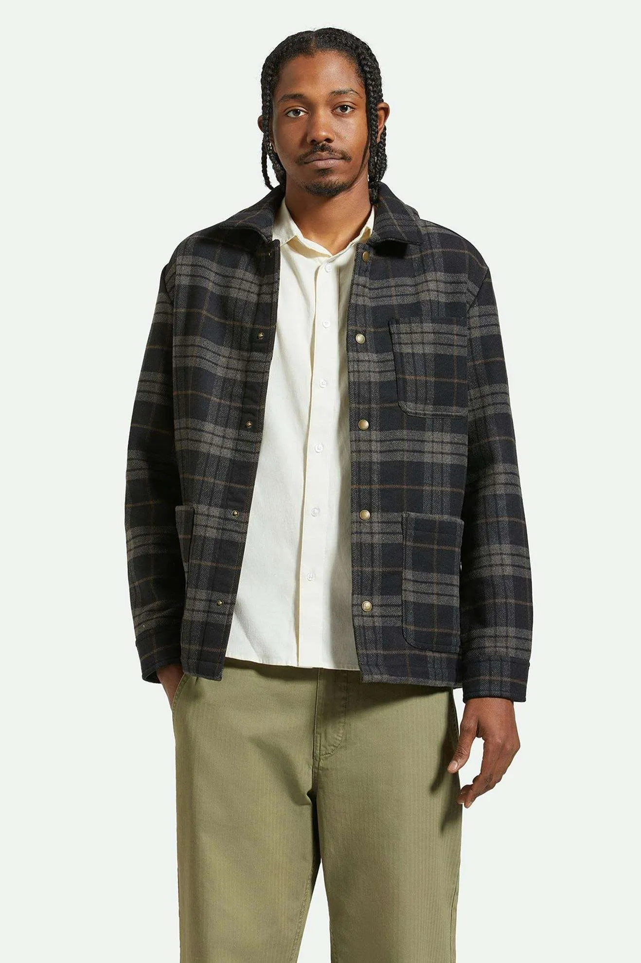 Shop Menswear Chore Coat - Black/Charcoal Plaid Brixton