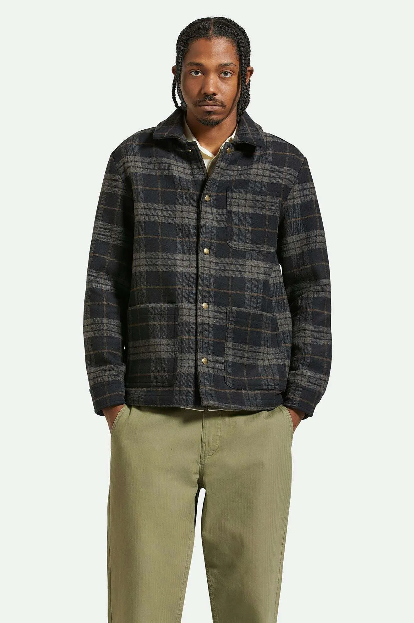 Shop Menswear Chore Coat - Black/Charcoal Plaid Brixton